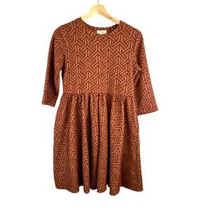 Roolee Rust Orange 3/4 Sleeve Embroidered Crew Neck Knee Length Dress 13-14T Kid